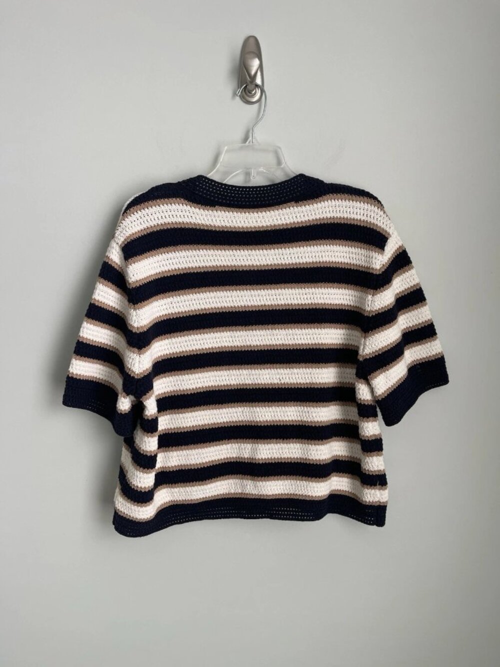 Ann Taylor Navy Cream Striped 100% Cotton Short Sleeve Cardigan Sweater - Picture 3 of 6